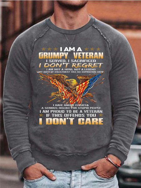 Men's A Grumpy Veteran I Don’t Regret Don’t Care Crew Neck Loose Sweatshirt, color:Gray|size:3XL, Lilicloth.com