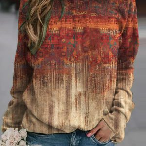 Casual Ethnic Floral Design Loose Knit Pullover Sweatshirt, Sweatshirts & Hoodies, color:Red Brown|size:XXL, JustFashionNow