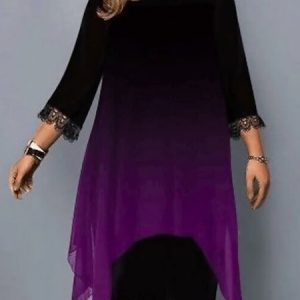 Lace Ombre Crew Neck Party Dress, DRESSES, color:Black-purple|size:5XL, Noracora