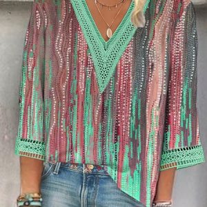 V Neck Ombre Casual Lace Shirt, Blouses, color:Green|size:XXL, Noracora