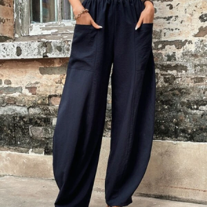 Casual Plain Elastic Waist Lantern Pant With Pockets, Pants, color:Dark Blue|size:XXL, Noracora