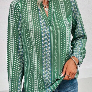 Casual Loose Geometric Allover Print Notched Neckline Blouse, Shirts & Blouses, color:Green|size:XXL, JustFashionNow