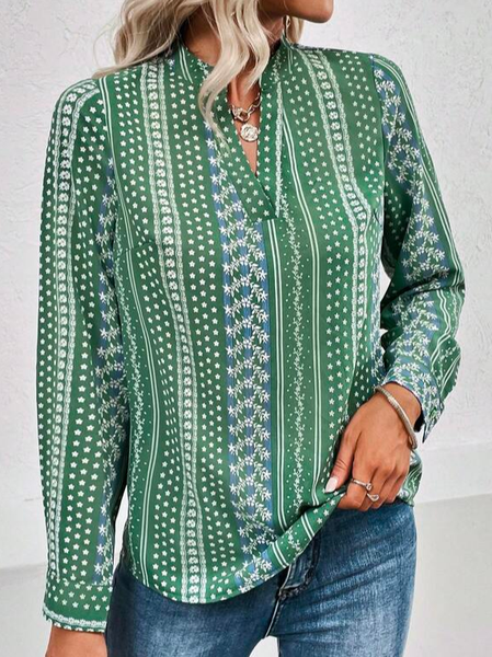 Casual Loose Geometric Allover Print Notched Neckline Blouse, Shirts & Blouses, color:Green|size:XXL, JustFashionNow