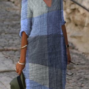 Ethnic Casual Color Block Plaid Regular Sleeve Vacation Fit Printing Dress, Dresses, color:Blue|size:3XL, JustFashionNow