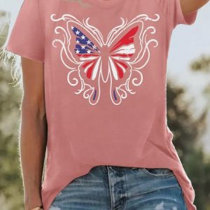 Women's US American Flag Butterfly Vintage Print T-Shirt, color:Pink|size:3XL, Lilicloth.com