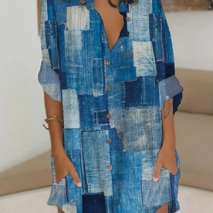 Casual Shirt Collar Plaid Loose Dress, Shirt Dresses, color:Blue|size:XXL, JustFashionNow