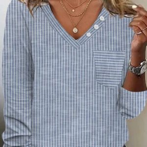 Plus size Loose Casual V Neck Buttoned T-Shirt, TOPS, color:Blue|size:4X, Noracora