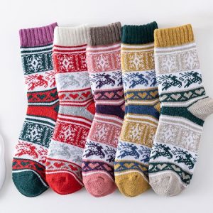 5pairs Christmas Elk Color Block Warmth Crew Mid-calf Socks, Socks, color:Multicolor|size:5 Pairs, JustFashionNow