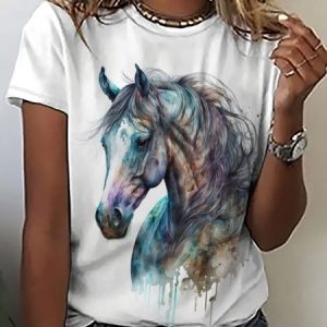 Women's Crew Neck Casual Watercolor Horse T-Shirt, color:White|size:3XL, Lilicloth.com