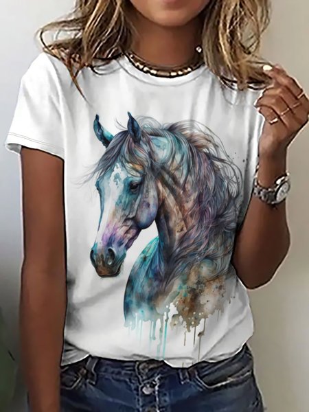 Women's Crew Neck Casual Watercolor Horse T-Shirt, color:White|size:3XL, Lilicloth.com