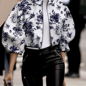 Floral Urban Stand Collar Loose Jacket, Jackets, color:White|size:XXL, Stylewe