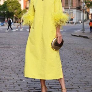 Elegant Plain Crew Neck Loose Dress, Maxi Dresses, color:Yellow|size:XXL, Stylewe