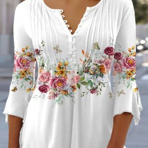 Plus Size Floral Buckle Notched Casual Loose Three Quarter Shirt, Shirts & Blouses, color:White|size:4X, JustFashionNow