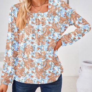 Random Print Square Neck Printing Casual T-Shirt, T-Shirts, color:Brown|size:3XL, JustFashionNow