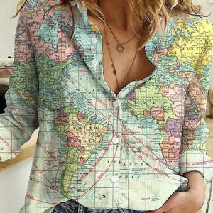 JFN Shirt Collar Collar World Map Casual Shirt, Shirts & Blouses, color:Green|size:3XL, JustFashionNow