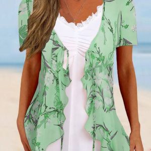 Casual Floral Split Joint Loose Shirt, Shirts & Blouses, color:Green|size:XXL, JustFashionNow