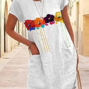 Women's Daily Weekend Casual Loose Crew Neck Floral Pockets Midi Short Sleeve Dress, Short, color:White|size:XS, catalog Noracora shop
