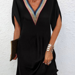 Loose Simple Plain V Neck Lace Dress, Dresses, color:Black|size:XXL, JustFashionNow