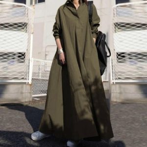 Women Plain Shawl Collar Long Sleeve Comfy Casual Maxi Dress, Maxi, color:Army Green|size:5XL, Noracora