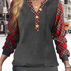 Plaid Stitching Loose Casual Sweatshirt, Sweatshirts & Hoodies, color:Deep Gray|size:XXL, JustFashionNow
