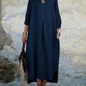 Crew Neck Plain Cotton And Linen Casual Dress With No, Dresses, color:Blue|size:5XL, JustFashionNow
