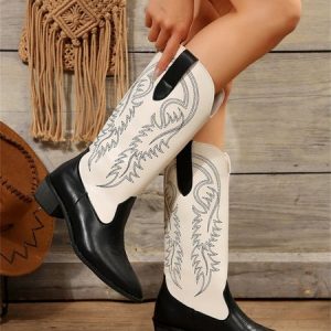 Black and White Contrast Color Embroidered Pattern Thick Heel Pointed Toe Western Cowboy Boots, Boots, color:White|size:43, Stylewe