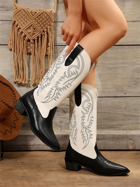 Black and White Contrast Color Embroidered Pattern Thick Heel Pointed Toe Western Cowboy Boots, Boots, color:White|size:43, Stylewe