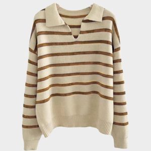 Women's Casual V Neck Striped Pattern Bottom Shirt Autumn Winter Sweater, Sweaters, color:Brown|size:One-size, JustFashionNow