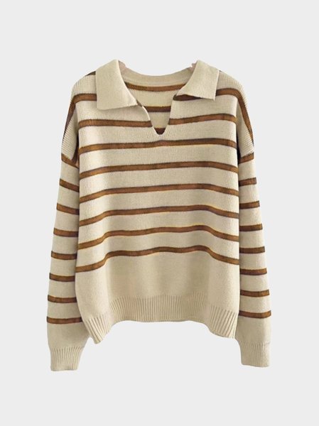 Women's Casual V Neck Striped Pattern Bottom Shirt Autumn Winter Sweater, Sweaters, color:Brown|size:One-size, JustFashionNow