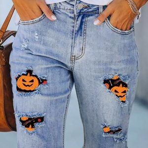 Women's Casual Pumpkin Bat Ripped Denim Shorts Party Halloween Costume, Shorts, color:Blue|size:XXL, JustFashionNow