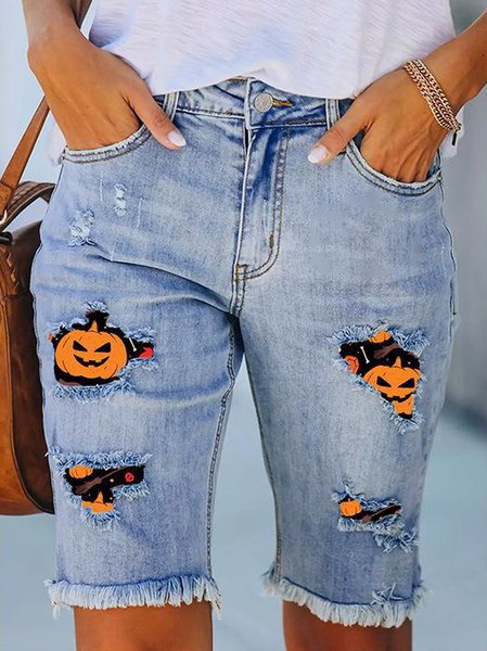 Women's Casual Pumpkin Bat Ripped Denim Shorts Party Halloween Costume, Shorts, color:Blue|size:XXL, JustFashionNow