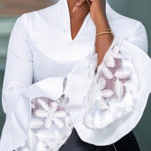 Elegant V Neck Split Joint Lace Edge Plain Blouse, Blouses and Shirts, color:White|size:XXL, Stylewe