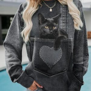 Loose Casual Cat Crew Neck Sweatshirt, Sweatshirts & Hoodies, color:Black|size:XXL, JustFashionNow