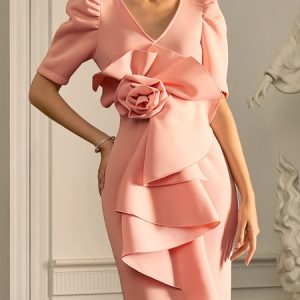 Regular Fit Floral Elegant Wedding Guest Dress, Mini Dresses, color:Pink|size:XXL, Stylewe
