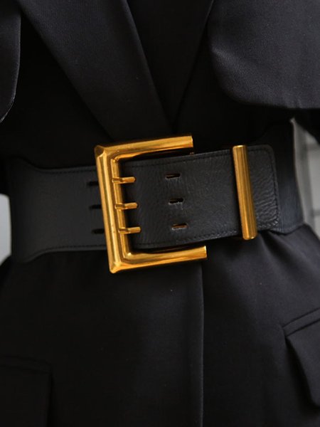 Black Leather Large Metal Buckle Women's Belt, Belts, color:Black|size:One-size, Stylewe