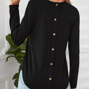 Casual Buttoned Back Curved Hem Rib-knit Tee, T-Shirts, color:Black|size:XXL, JustFashionNow