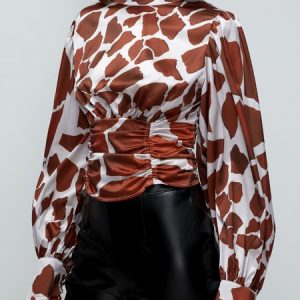 Geometric Loose Stand Collar Long sleeve Urban Blouse, Blouses and Shirts, color:Brown|size:XXL, Stylewe
