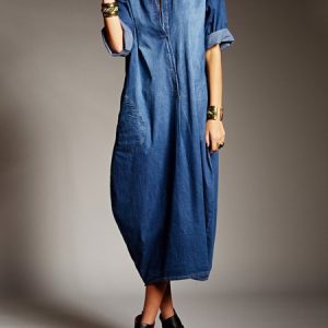 Plain Casual Shirt Collar Loose Denim Dress, Midi Dresses, color:Blue|size:XXL, Stylewe