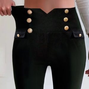 Casual Plain Buckle Natural Long Legging, Leggings, color:Black|size:XXL, Noracora
