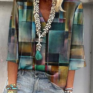 Casual Abstract  Regular Fit V Neck T-Shirt, T-Shirts, color:Green|size:3XL, JustFashionNow