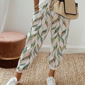 Loose Geometric Printed Lace-Up Casual Pants, Pants, color:White|size:XS, JustFashionNow