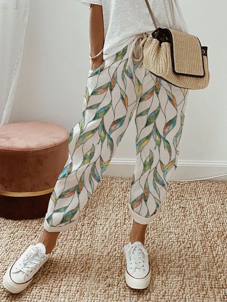 JFN Cotton & Linen Loose Geometric Printed Lace-Up Casual Pants, Pants, color:White|size:XS, JustFashionNow