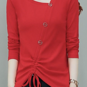 Asymmetrical Long Sleeve Plain Shirred Regular Micro-Elasticity Loose Shirt For Women, Shirts, color:Red|size:4XL, Noracora