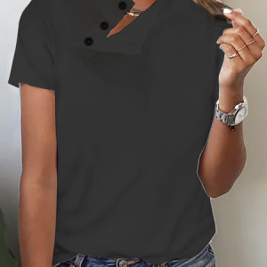 Knitted Casual Loose Buttoned T-Shirt, T-shirts, color:Black|size:XXL, Noracora