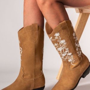 Vintage Floral Zipper Low Heel Combat Boots, Boots, color:Brown|size:41, Noracora