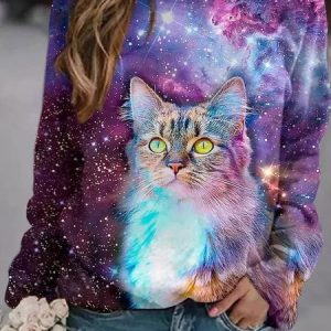 Loose Cat Crew Neck Raglan Sleeve Casual Sweatshirt, Sweatshirts & Hoodies, color:Purple|size:XXL, JustFashionNow