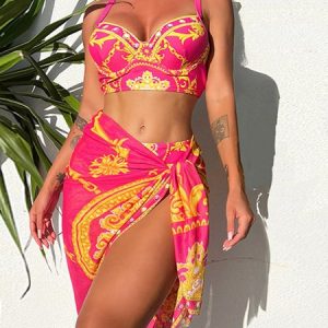 Vacation Abstract Printing Notched Bikini With Cover Up, Swimsuit with Coverups, color:Deep Pink|size:L, Stylewe