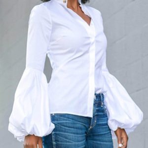 Plain Regular Fit Stand Collar Urban Blouse, Blouses and Shirts, color:White|size:XXL, Stylewe