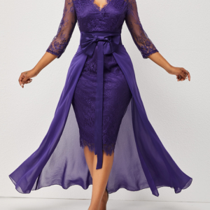 Lace Floral Elegant V Neck  Dress, Maxi Dresses, color:Purple|size:XXL, Stylewe