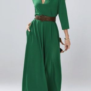 Three Quarter Plain Simple V Neck Maxi Dress, Maxi Dresses, color:Green|size:XS, Stylewe